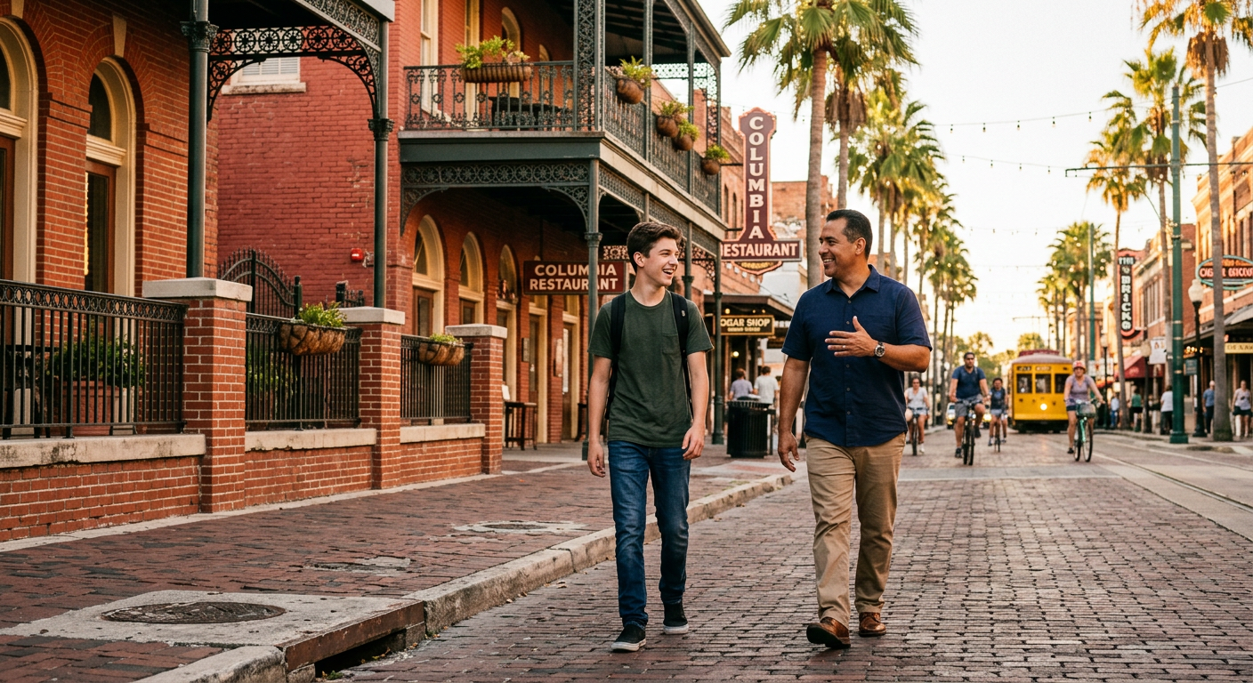 An adult mentor and a teenager talking while walking down a brick street in Ybor City