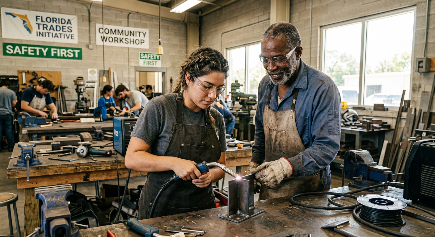 A mentor teaching a young adult hands-on trade skills in a workshop
